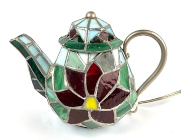 Stained Glass Tiffany-Style Teapot Lamp With Floral Design