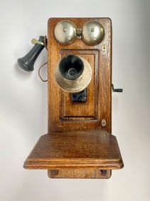 Early 20th Century Wall-Mounted Wood Telephone with Crank and Bell