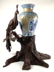 Cast Bronze Peacock Sculpture and Reproduction Vase Circa 1800s
