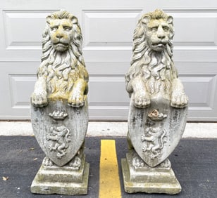Large Pair of Cast Concrete Lion Statues with Crested Shields