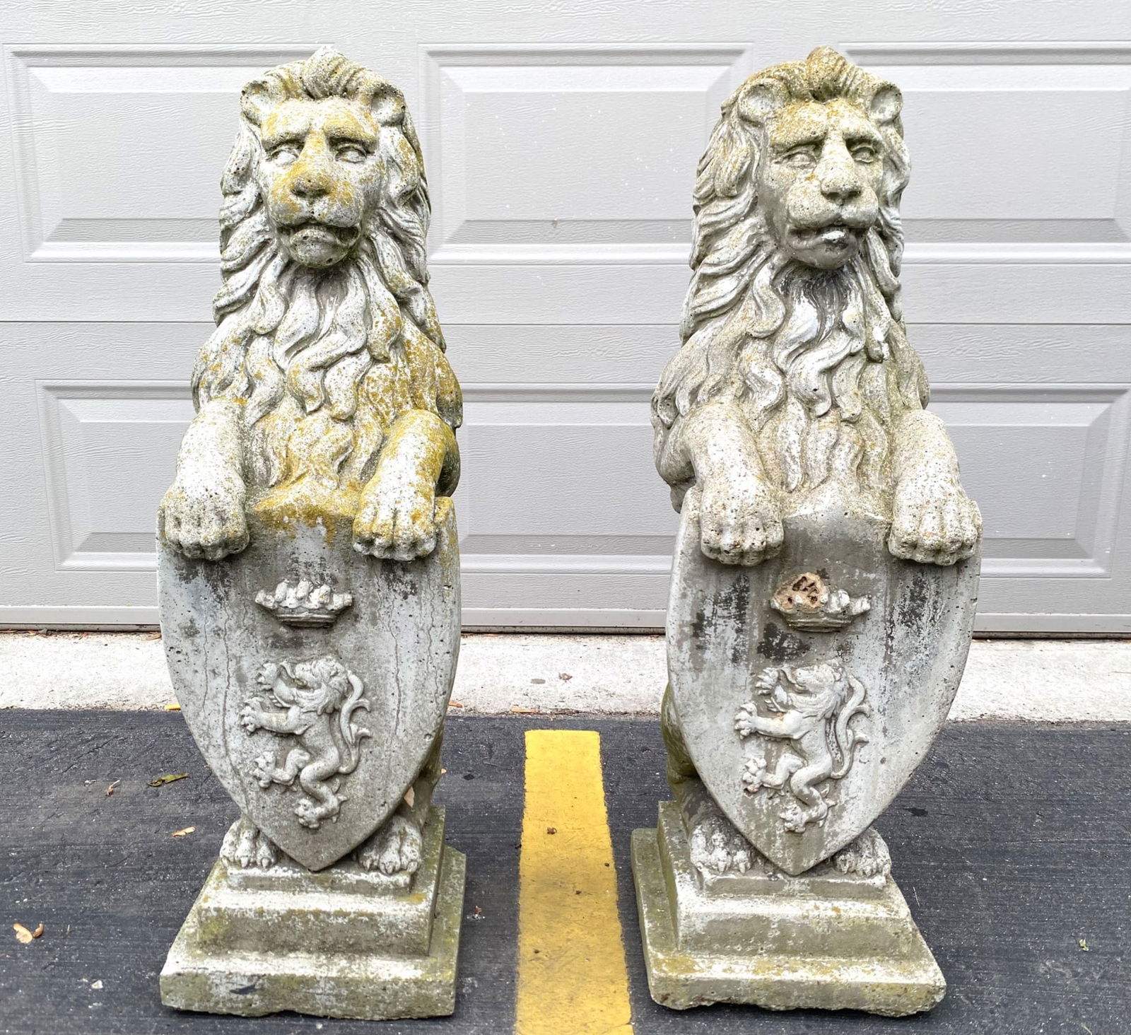 Large Pair of Cast Concrete Lion Statues with Crested Shields (1 of 10)
