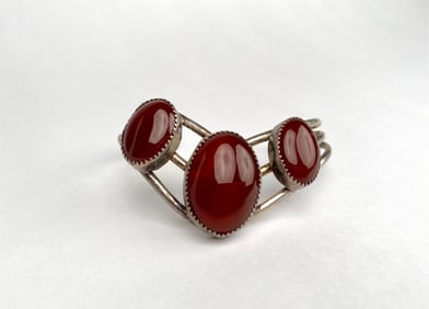 Sterling Silver Cuff Bracelet With Three Carnelian Cabochons