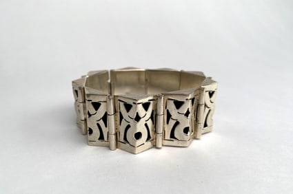 Sterling Silver Mexican Panel Bracelet with Geometric Design