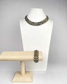 Mexican Sterling Silver Necklace and Bracelet with Green Cabochons