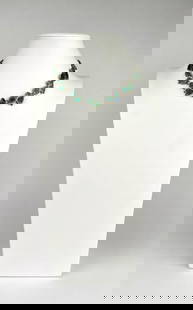 Mexican Sterling Silver and Azurmalachite Necklace: Sterling silver necklace featuring stylized leaf or heart shaped azurmalachite inlay designs. The reverse side is marked Sterling Mexico. Necklace is in good condition. Please see photos for