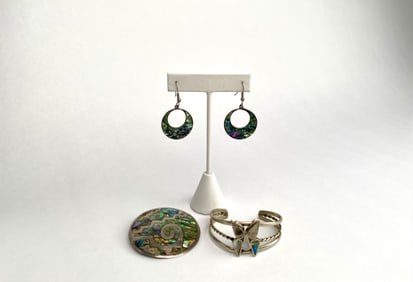 Sterling Silver and Abalone Jewelry Set: Earrings, Brooch, and Cuff