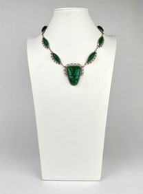 Sterling Silver Necklace with Carved Green Stone Inlays