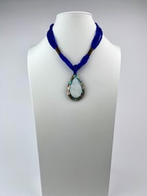 Multi Strand Cobalt Beaded Necklace with Abalone and Mother of Pearl Teardrop Pendant