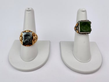 Pair of Vintage Intaglio Rings (10K Gold Spartan Warrior and Sterling Silver Roman Profile)
