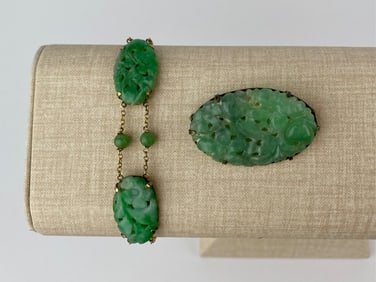 Vintage Carved Green Jadeite Bracelet & Sterling Silver Brooch Set