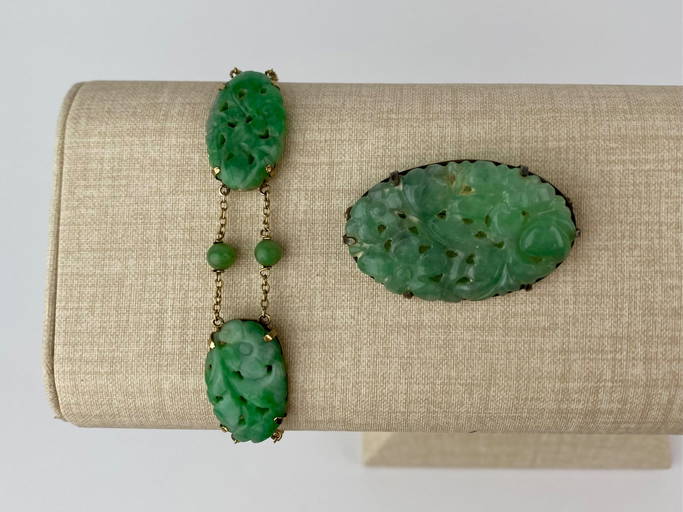 Vintage Carved Green Jadeite Bracelet Sterling Silver Brooch Set