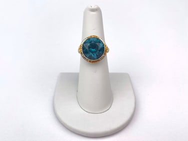 14K White Gold Ring with Large Blue Topaz and Floral Filigree Accents