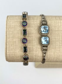 Pair of Vintage Silver Tone Link Bracelets- Blue Glass & Mystic Topaz Style