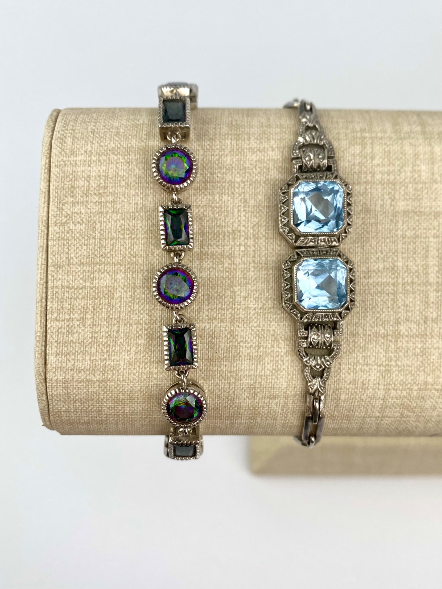 Pair of Vintage Silver Tone Link Bracelets- Blue Glass & Mystic Topaz Style (1 of 11)