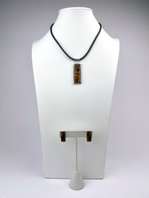 Signed Sterling Silver Pendant and Earrings Set with Tiger Eye Inlay