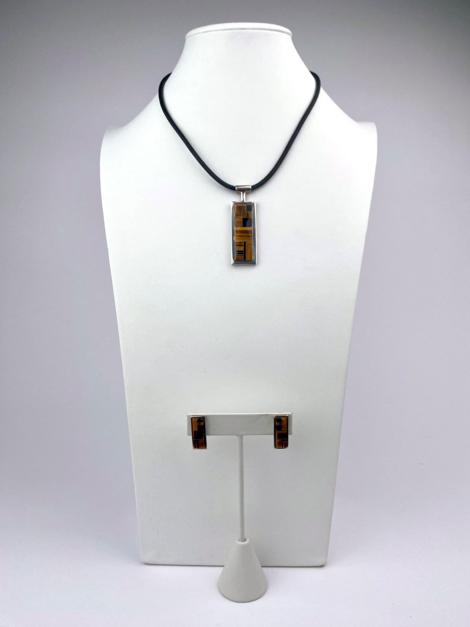 Signed Sterling Silver Pendant and Earrings Set with Tiger Eye Inlay (1 of 12)