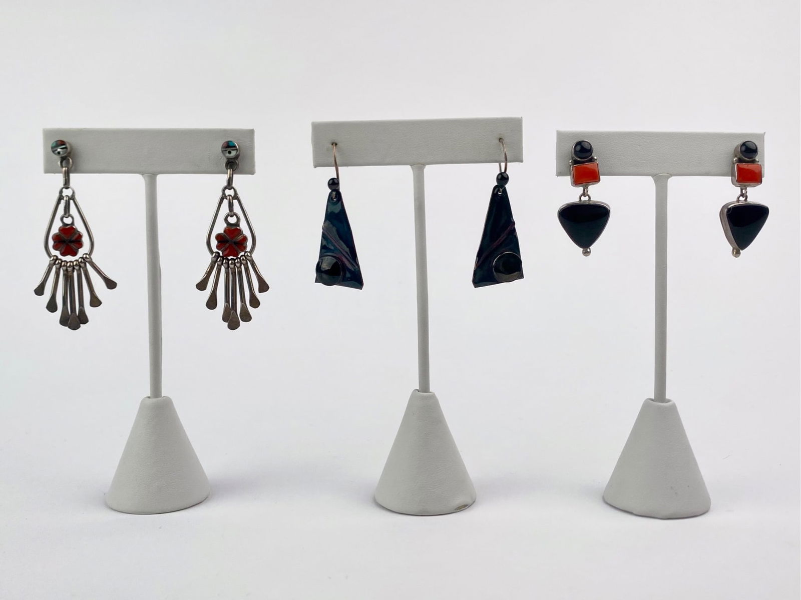 Lot of Three Pairs of Artisan Earrings Including Signed Native American Sterling Inlay (1 of 10)