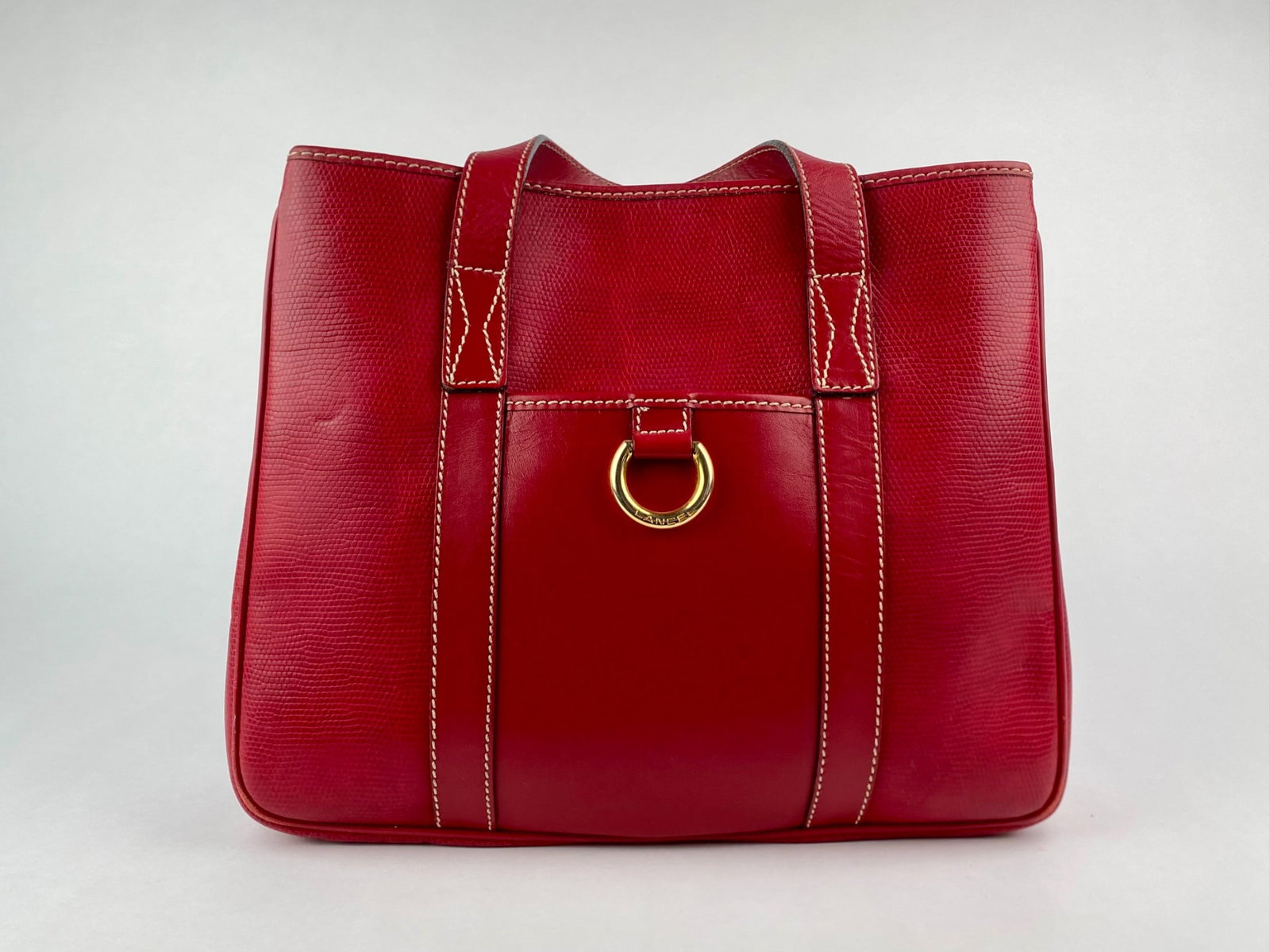 Lancel Paris Red Textured Leather Tote Bag with Gold Hardware (1 of 12)
