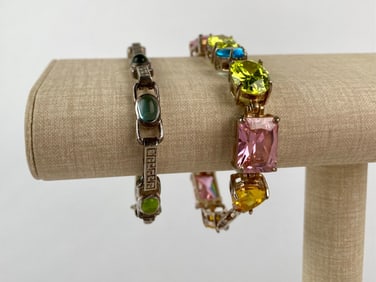 Pair of Sterling Silver Bracelets: Cabochon Inlay and Faceted Multicolor Crystal