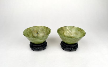 Green Jade Bowls with Carved Wooden Stands