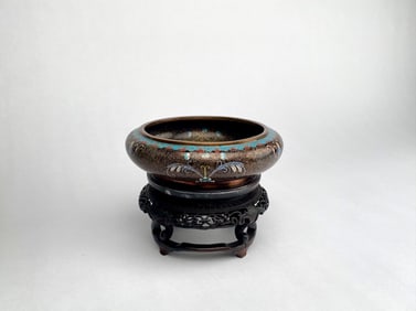 Chinese Cloisonne Enamel Bowl with Wood Stand
