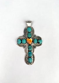 Navajo Silver Cross Pendant With Turquoise and Orange Stone Heart