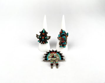 Lot of Three Zuni Silver and Multi Stone Inlay Jewelry Pieces