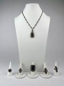 Vintage Sterling Silver and Marcasite Jewelry Set with Black Onyx