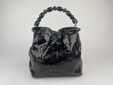 Christian Dior Paris Black Python Embossed Handbag with Beaded Handle