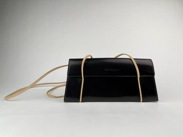 Salvatore Ferragamo Black Leather Small Shoulder Bag with Beige Trim