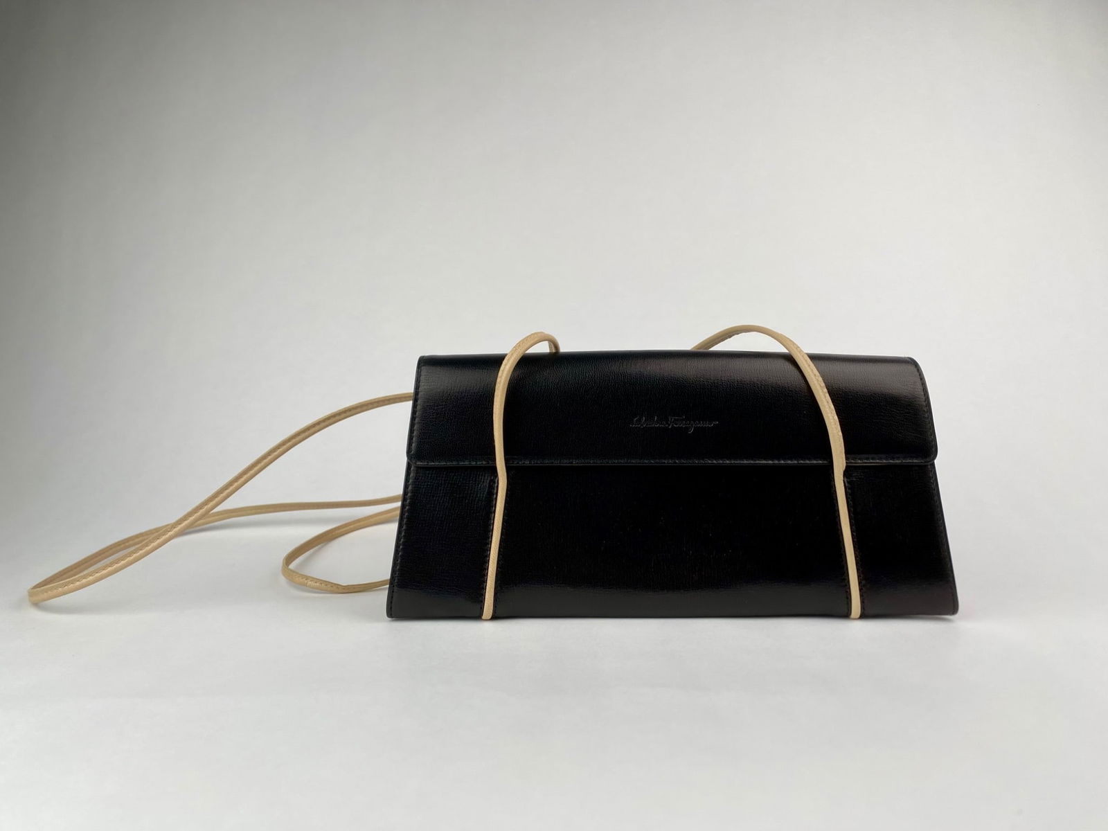 Salvatore Ferragamo Black Leather Small Shoulder Bag with Beige Trim (1 of 12)