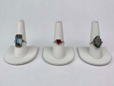 Lot of Three Sterling Silver Rings with Colored Stones and Marcasite Accents