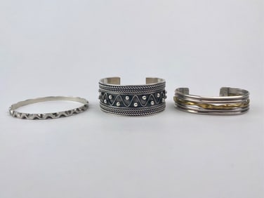 Lot of Three Sterling Silver Mexican Cuff and Bangle Bracelets