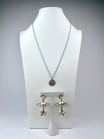 Sterling Silver Sagittarius Zodiac Necklace and Planet Drop Earrings Set