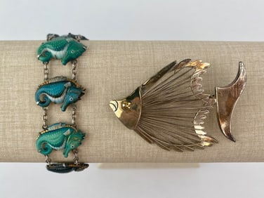 Sterling Silver Seahorse Enamel Bracelet and Fish Brooch
