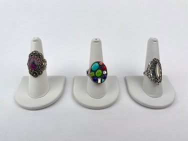 Lot of Three Sterling Silver Statement Rings: Filigree, Inlay, and Mother of Pearl