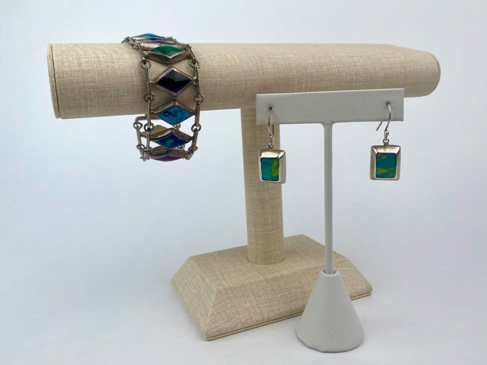 Sterling Silver Mexican Multi-Stone Inlay Bracelet and Earring Set (1 of 12)