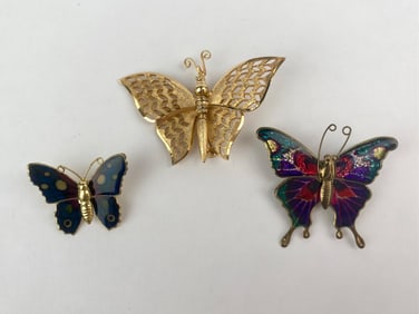 Lot of Three Vintage Butterfly Brooches: Enamel and Openwork Designs