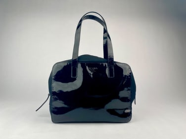 Prada Black Patent Leather and Nylon Bauletto Satchel
