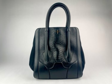 Pour La Victoire Black Leather and Embossed Python Tote Handbag