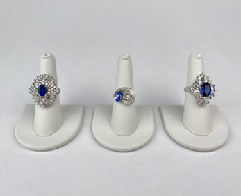Trio of Sterling Silver Rings with Sapphire-Color and Diamond Simulant Accents