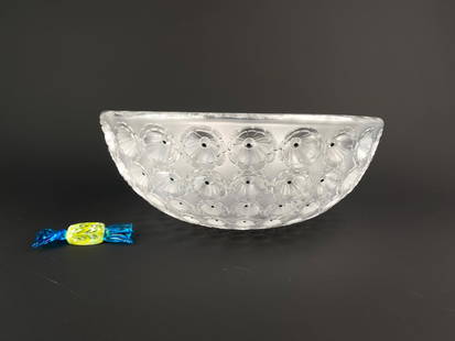 Lalique France Nemours Frosted Crystal Bowl with Murano Style Glass Candy: Lalique France crystal bowl in the &quot;Nemours&quot;&nbsp;pattern, featuring a geometric arrangement of stylized frosted floral medallions with polished dot centers. The surface alternates between s