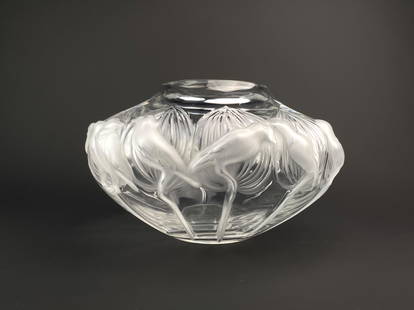 Lalique France Mesanges Frosted and Clear Crystal Bowl: Signed Lalique France crystal vase featuring high-relief frosted crystal birds in continuous procession around the body. The design showcases Lalique&#39;s signature Art Deco-inspired interplay of fro