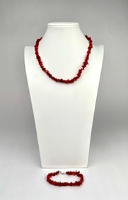 Red Coral Bead Necklace and Bracelet Set with Hook Clasp