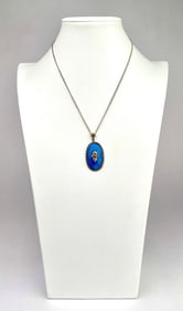 Silver Tone Necklace with Blue Oval Pendant