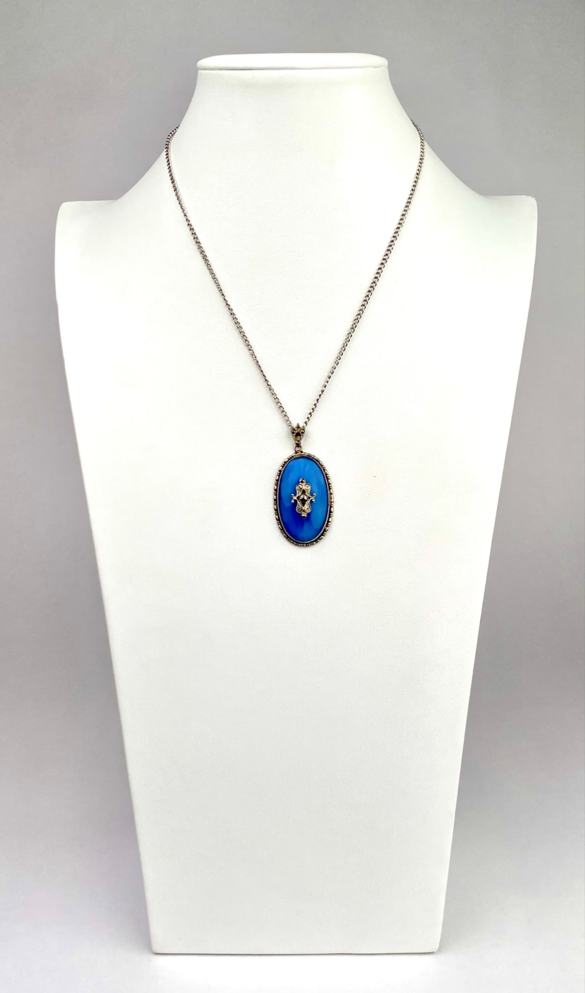 Silver Tone Necklace with Blue Oval Pendant (1 of 9)