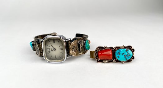 Vintage Southwestern Watch Cuff and Coral Turquoise Tie Clip