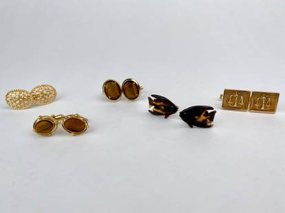 Set of Five Pairs of Vintage Gold-Tone Cufflinks including 14K Pair: Group of five vintage men&#39;s cufflink pairs in gold-tone and carved materials. Included in the set are a pair of rectangular 14K gold cufflinks marked &quot;14K JK,&quot; featuring raised scales of