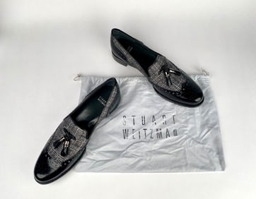 Stuart Weitzman Black Leather and Tweed Tassel Loafers (Size 10 M)