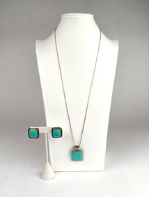 Mexico Sterling Silver and Turquoise Necklace and Earrings Set